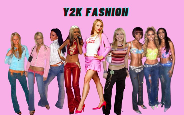Grupo de mulheres usando roupas típicas da moda Y2K dos anos 2000, com jeans de cintura baixa, tops coloridos e fundo rosa